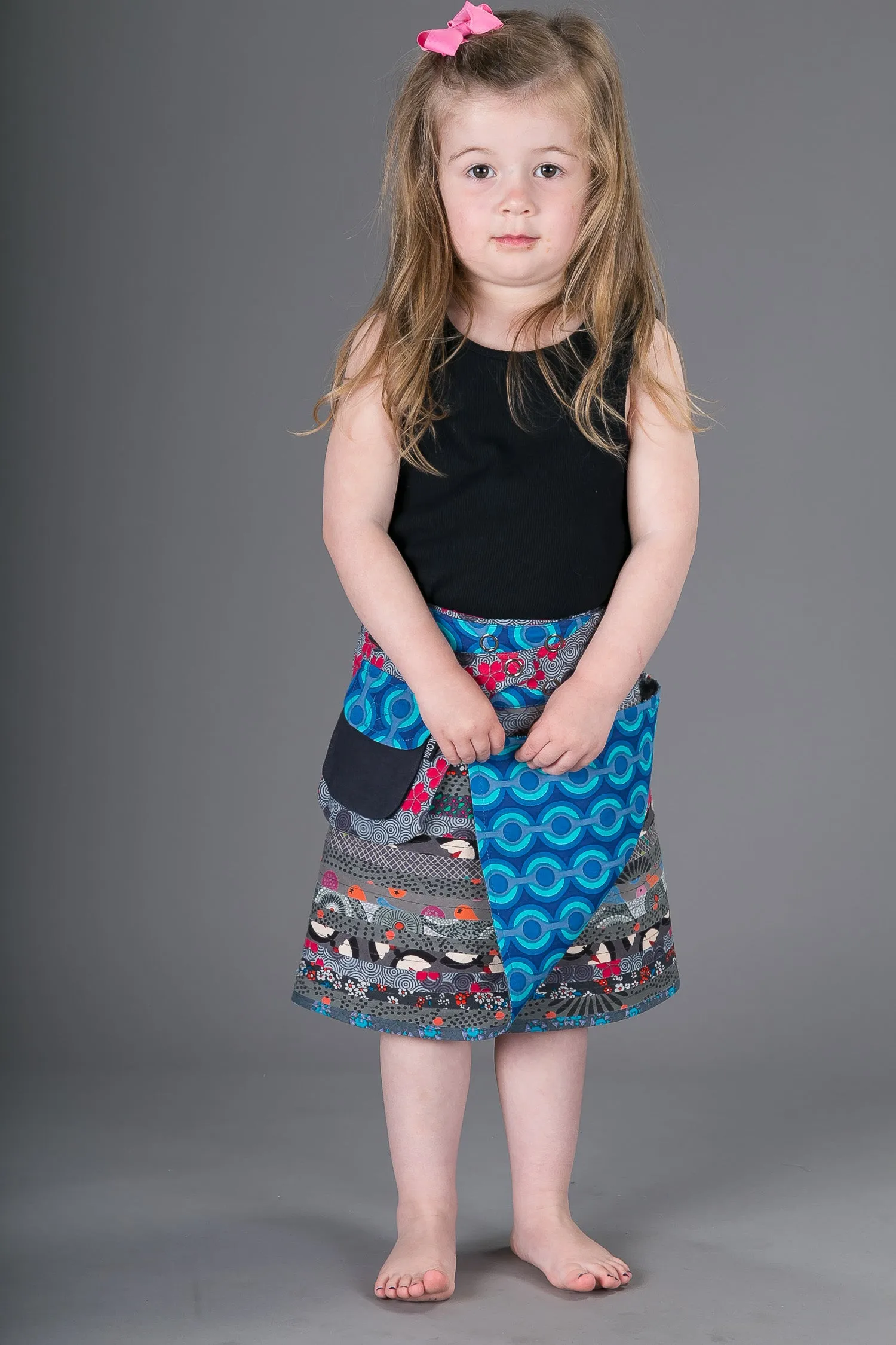 Childrens Reversible Cotton Skirt Grey Blue