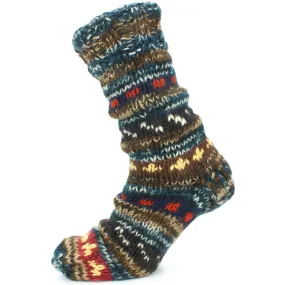 Chunky Wool Knit Abstract Pattern Fleece Lined Socks - 17 Blue Brown