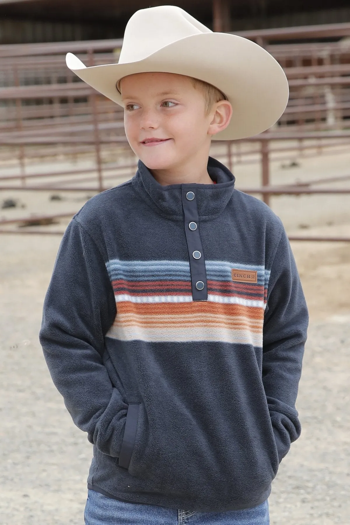 Cinch Youth Boy's Serape Stripe Quarter Snap Fleece Pullover in Navy