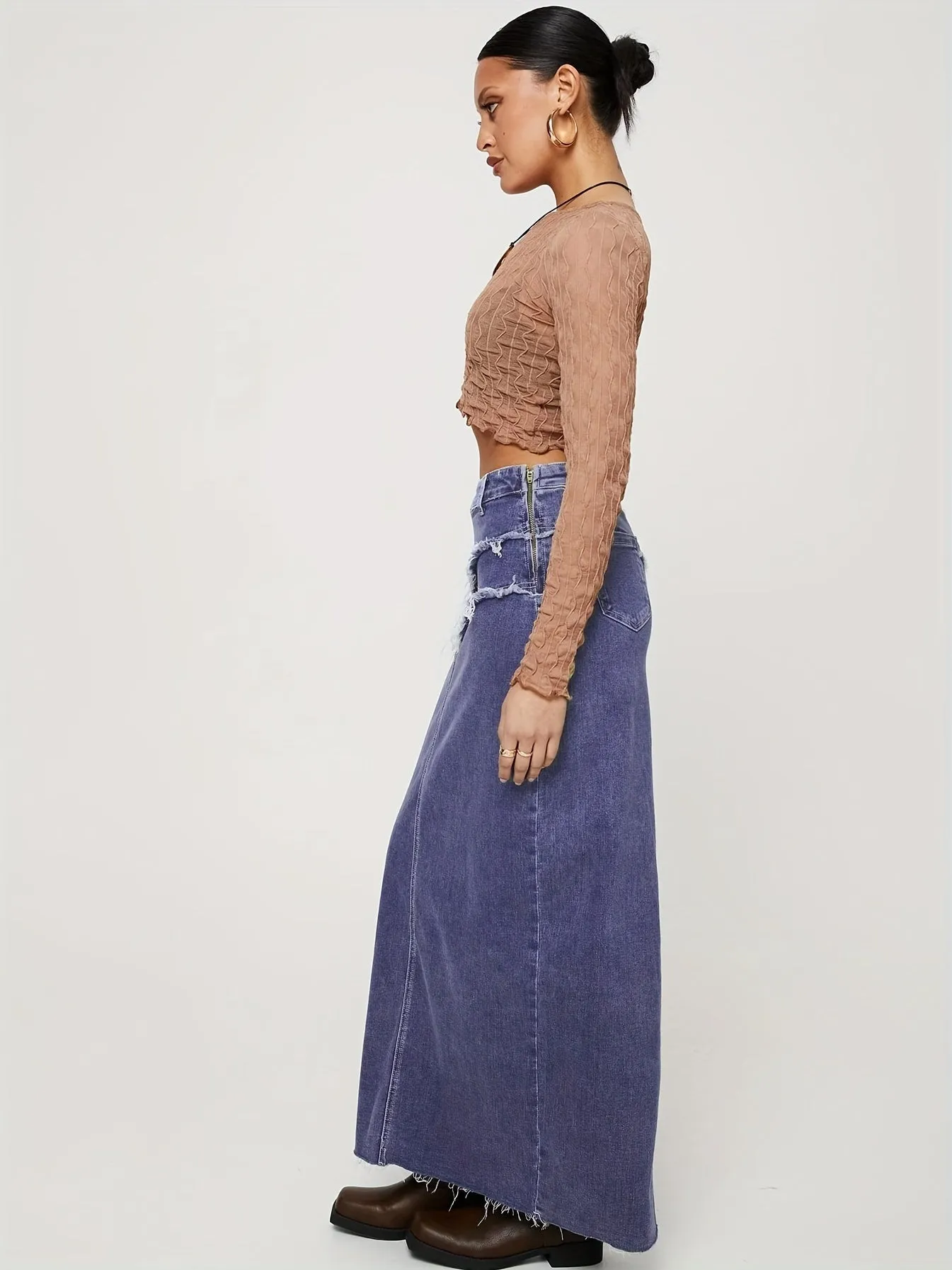 [Clearance] High Stretch Raw Hem Washed Denim Maxi Skirt for Women, Split Denim Skirt with Comfortable Fit