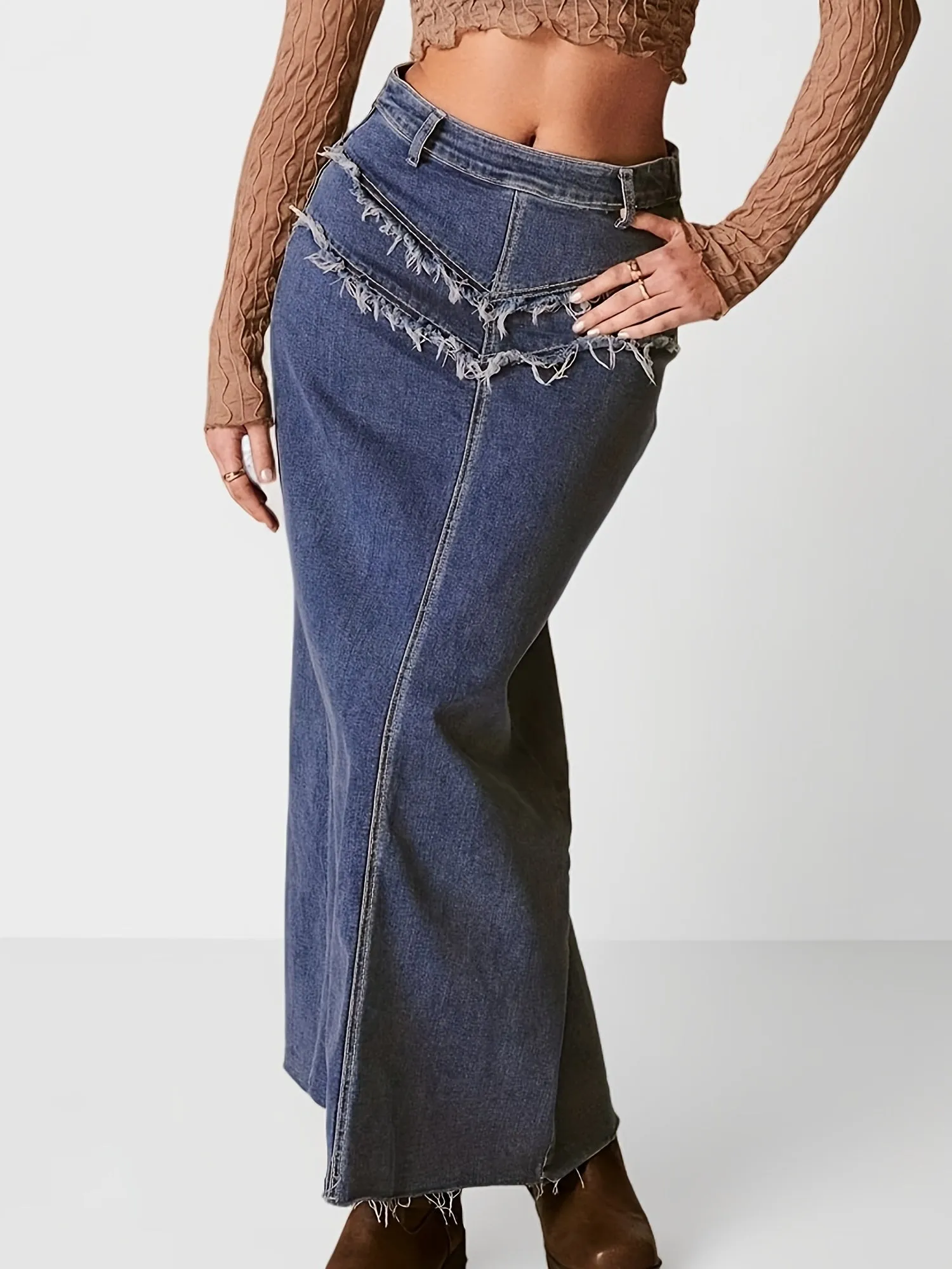 [Clearance] High Stretch Raw Hem Washed Denim Maxi Skirt for Women, Split Denim Skirt with Comfortable Fit