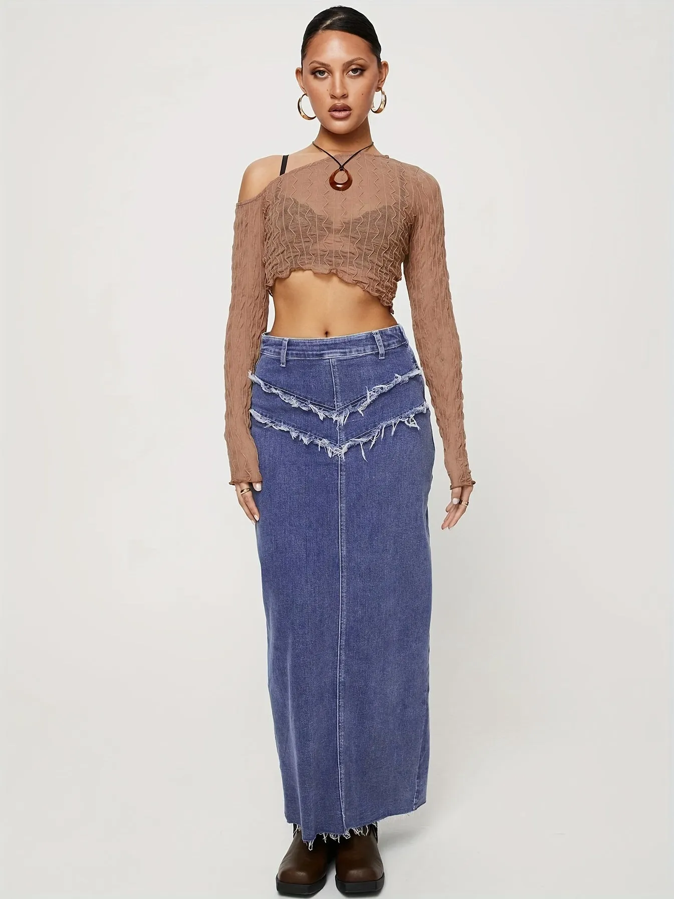 [Clearance] High Stretch Raw Hem Washed Denim Maxi Skirt for Women, Split Denim Skirt with Comfortable Fit