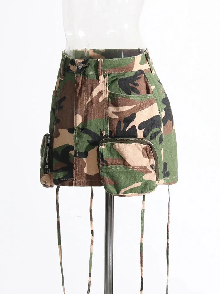 Colorblock Camouflage Printing Slimming Mini Skirts For Women High Waist Spliced Pockets Bodycon Skirt Female