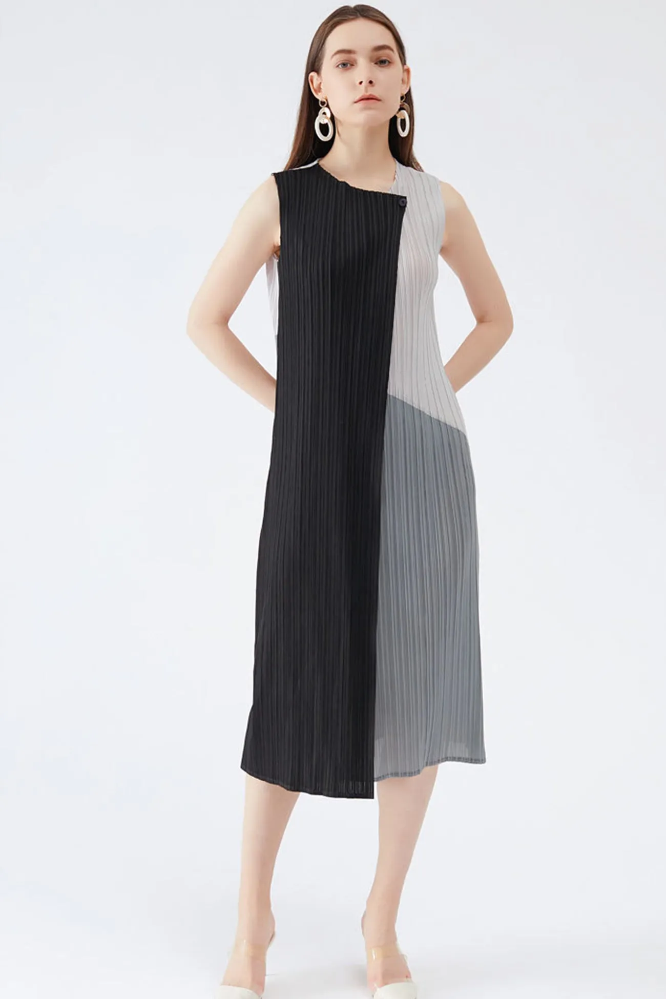 Colorblock Full Pleated Sleeveless Maxi Dress