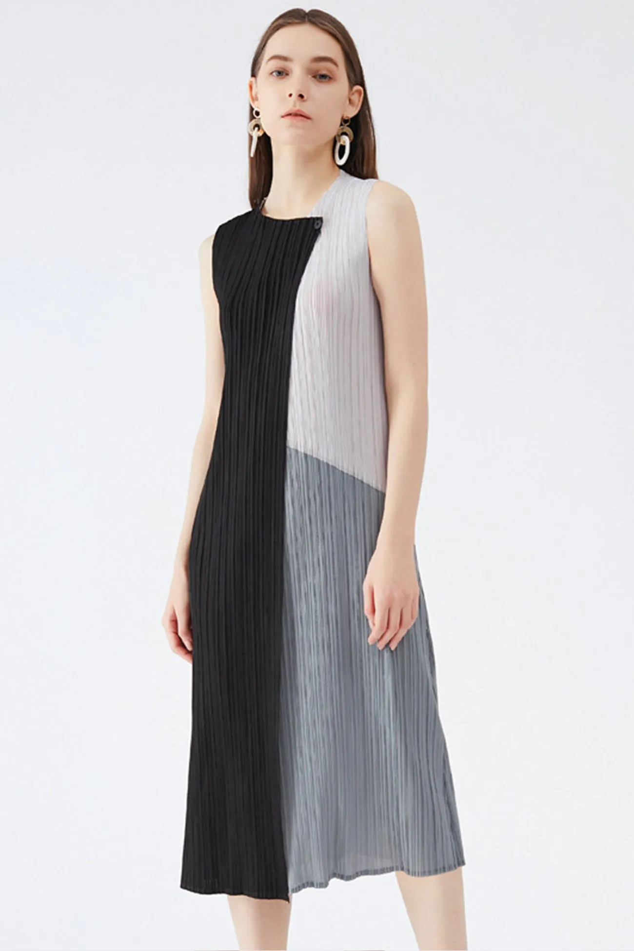 Colorblock Full Pleated Sleeveless Maxi Dress