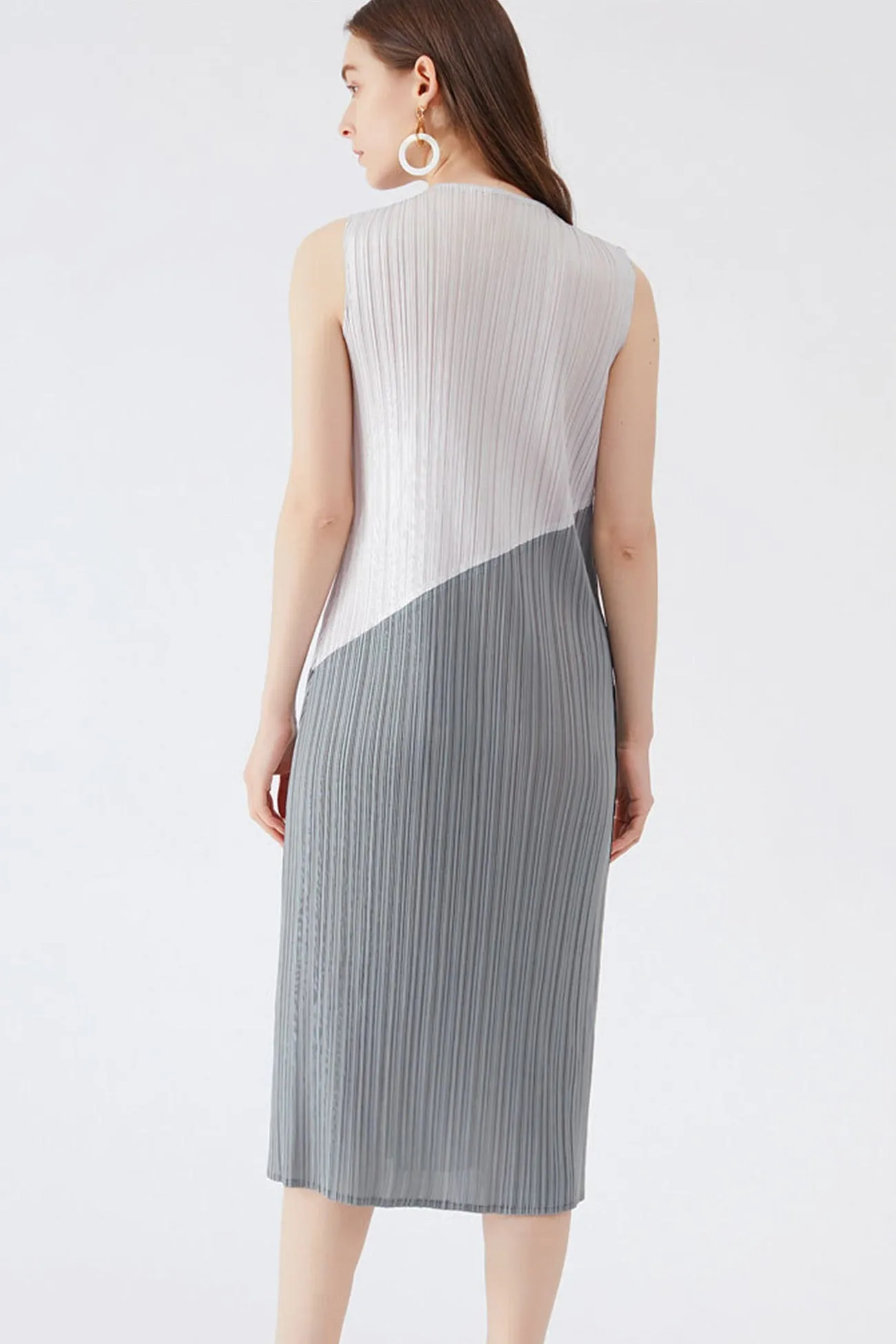 Colorblock Full Pleated Sleeveless Maxi Dress