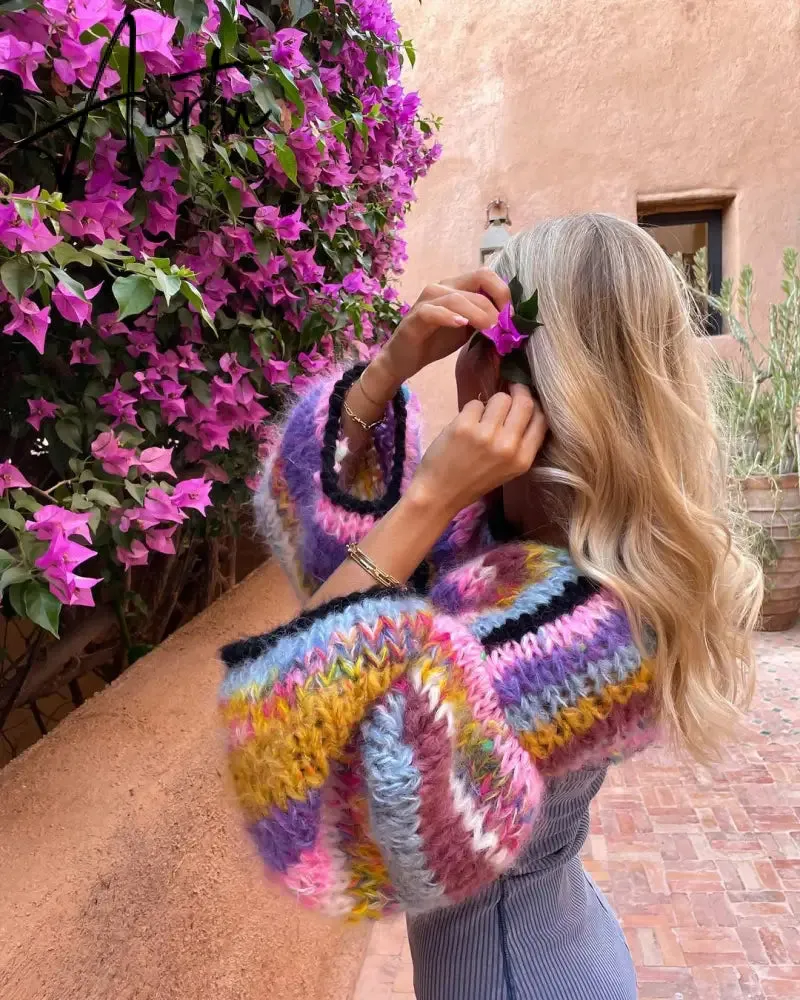 Colorful Stripe Knit Crop Sweater Women  Autumn Casual O-Neck Long Lantern Sleeve Pullover Female Loose Crochet Streetwear