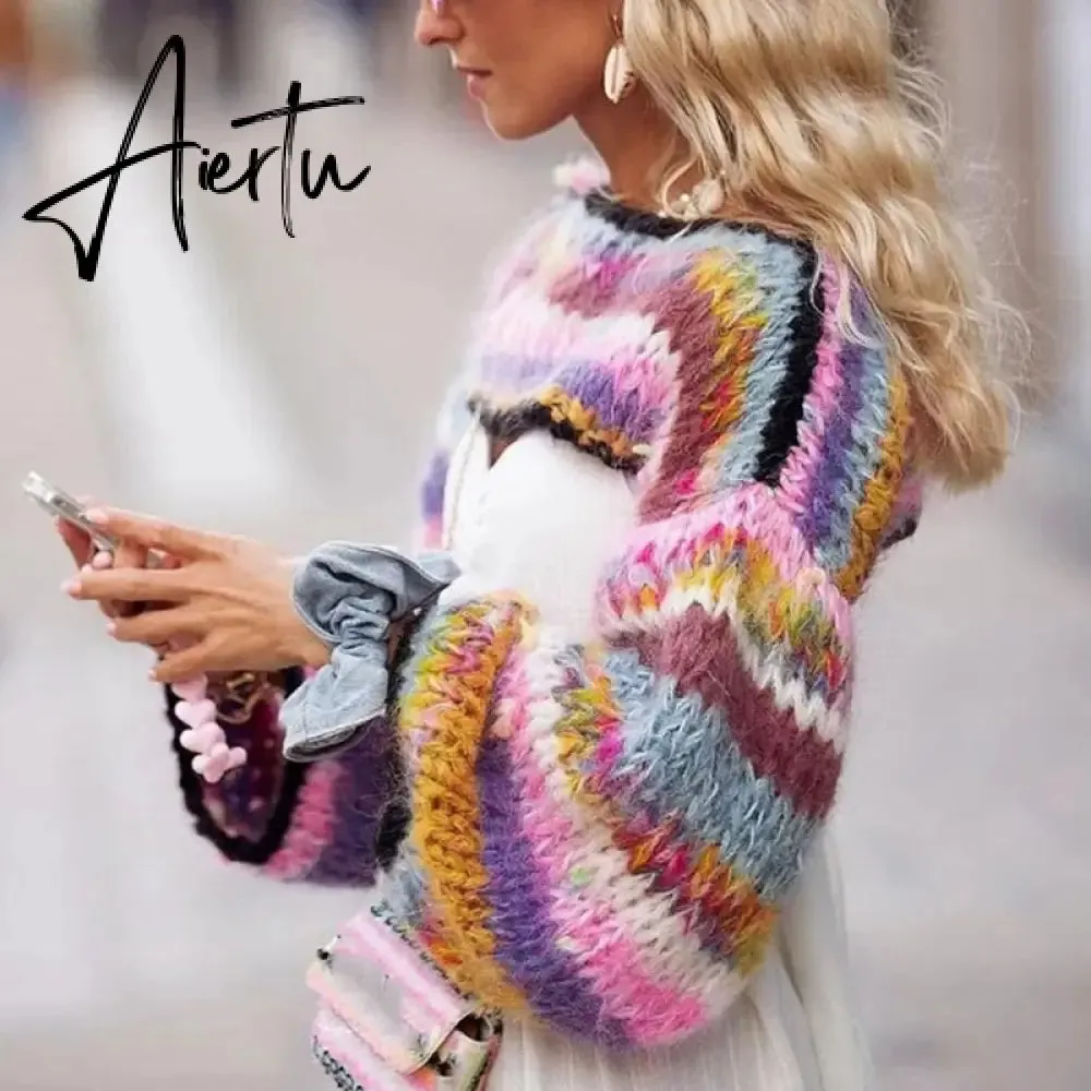 Colorful Stripe Knit Crop Sweater Women  Autumn Casual O-Neck Long Lantern Sleeve Pullover Female Loose Crochet Streetwear