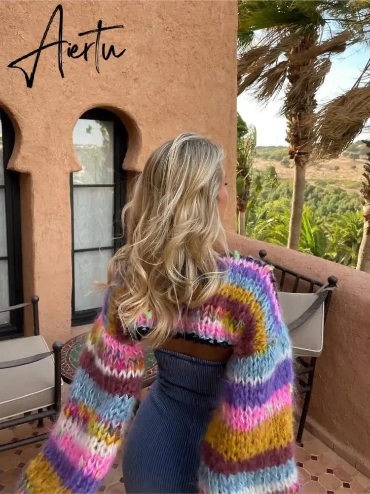 Colorful Stripe Knit Crop Sweater Women  Autumn Casual O-Neck Long Lantern Sleeve Pullover Female Loose Crochet Streetwear