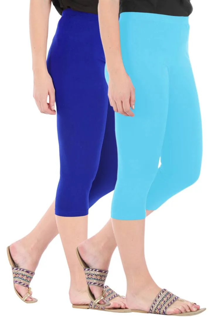 Combo Pack Of 2 Skinny Fit 3/4 Capris Leggings For Women Royal Blue Sky Blue