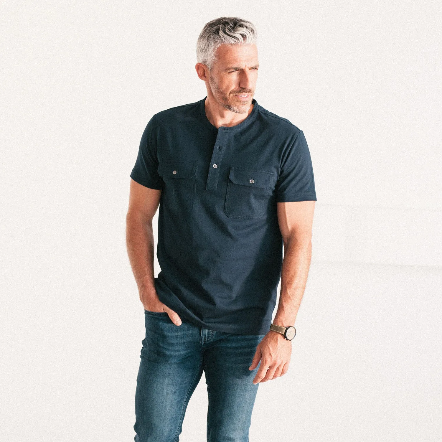 Constructor Short Sleeve Henley Shirt –  Navy Cotton Jersey