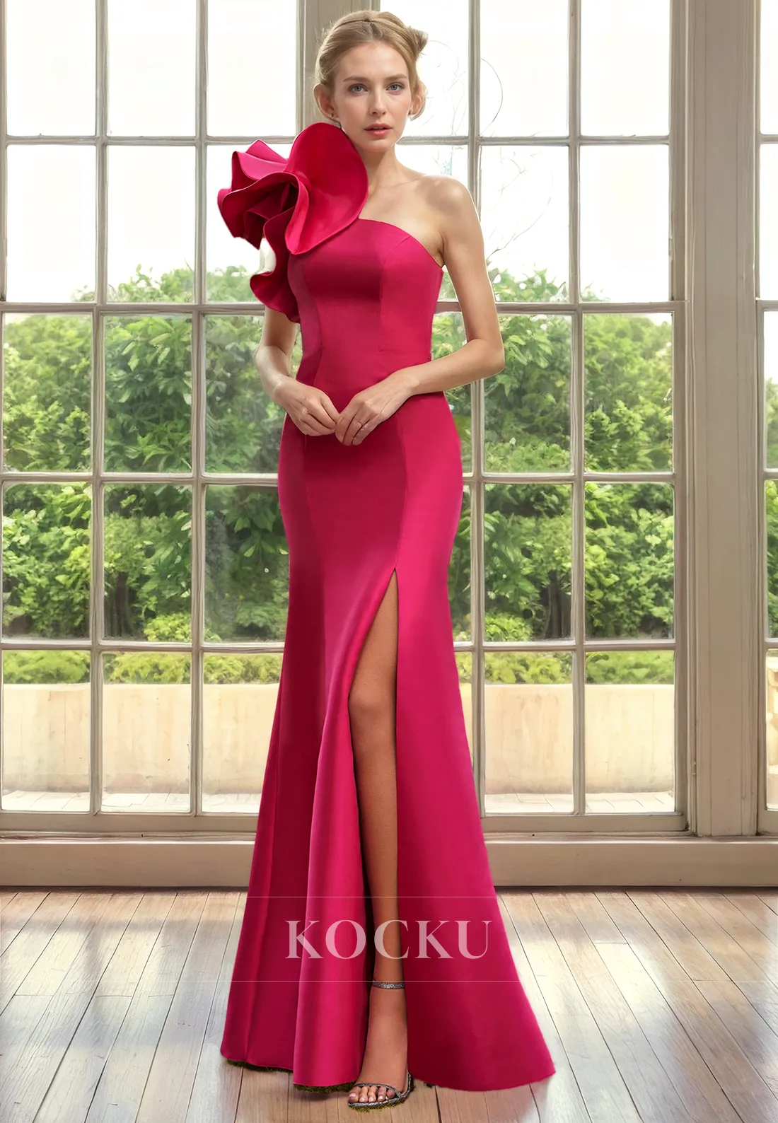 Couture & Ornate One Shoulder Sleeveless Split Cocktail Mother of the Bride Dress