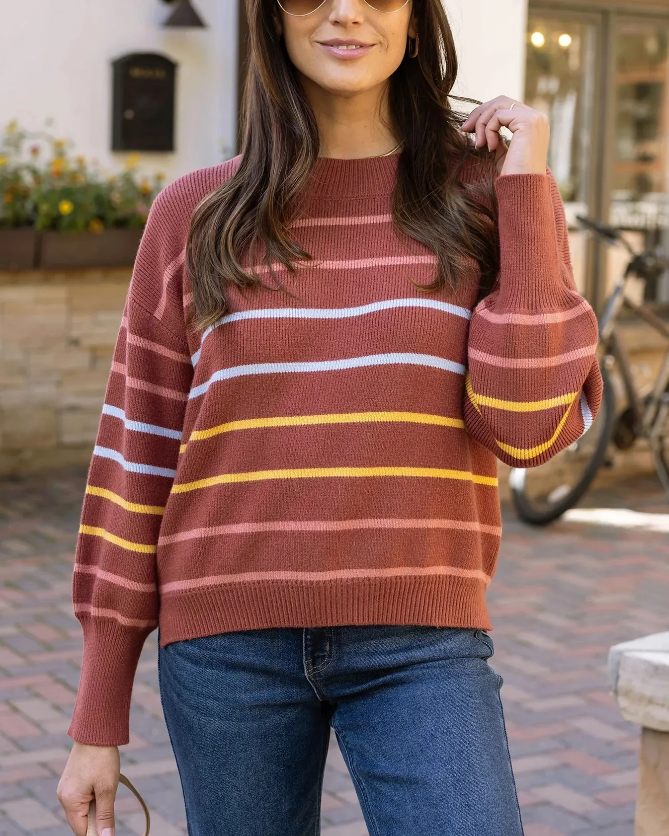 Crew Neck Striped Sweater in Terracotta Stripe by Grace & Lace (Ships in 1-2 Weeks)