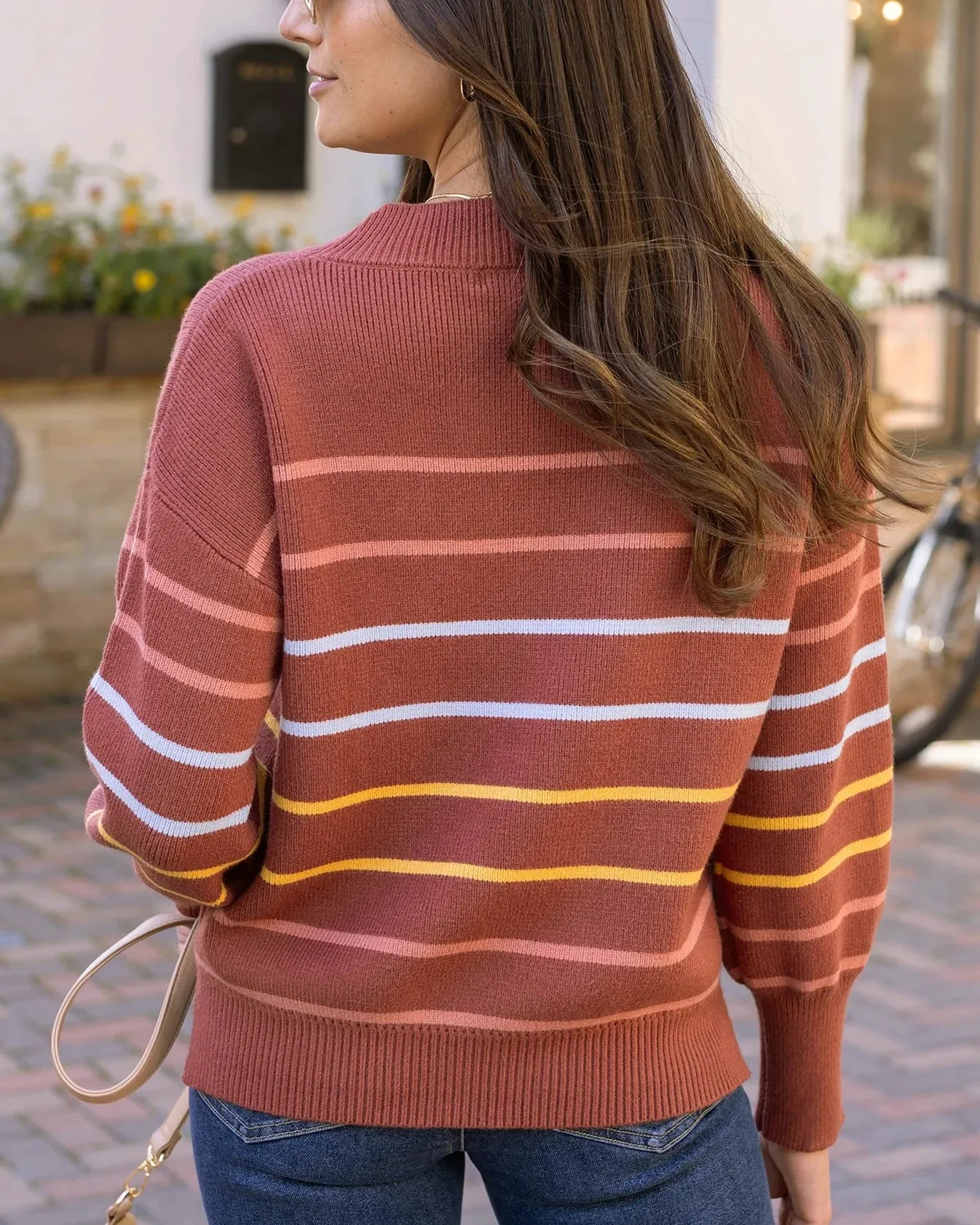 Crew Neck Striped Sweater in Terracotta Stripe by Grace & Lace (Ships in 1-2 Weeks)