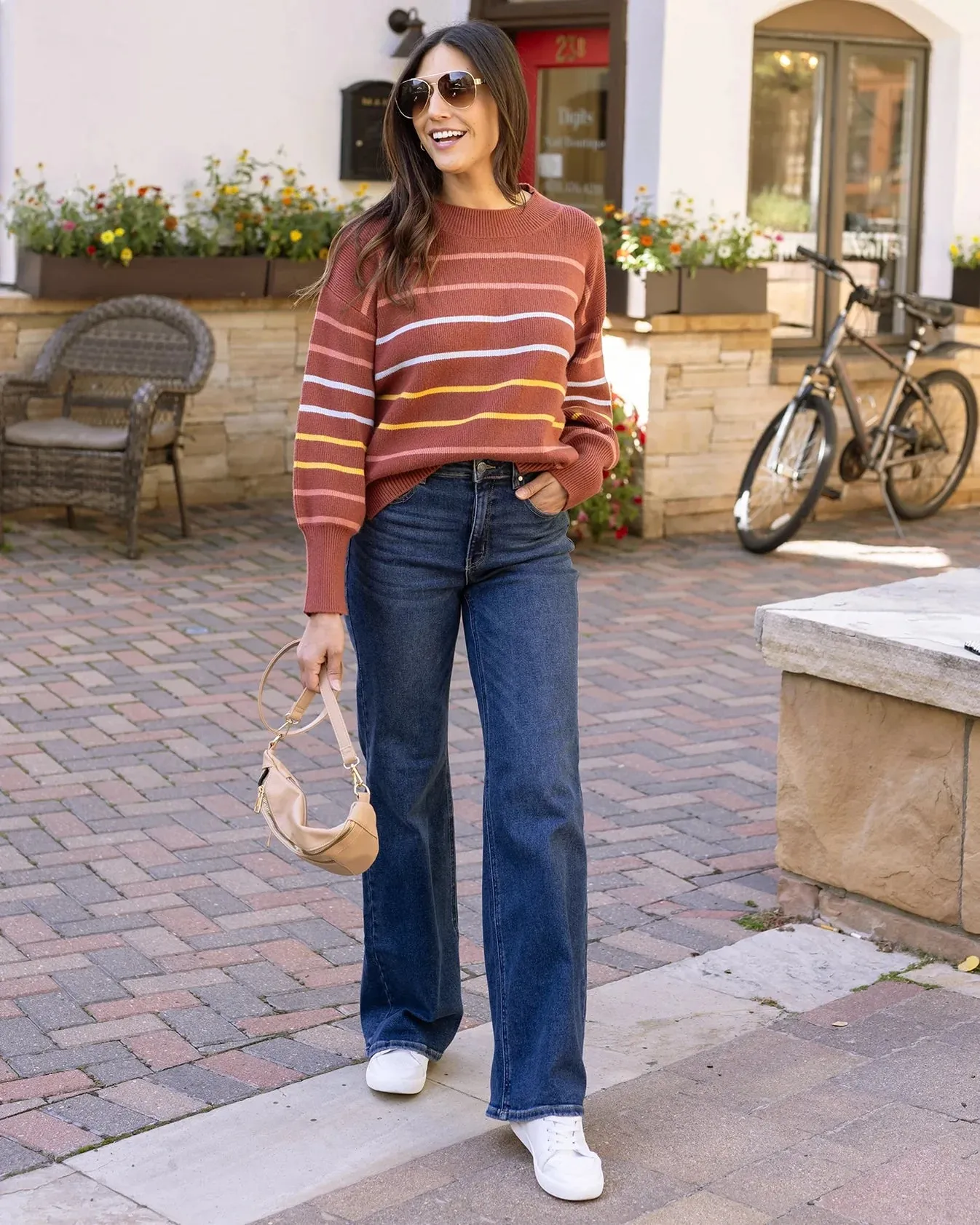 Crew Neck Striped Sweater in Terracotta Stripe by Grace & Lace (Ships in 1-2 Weeks)