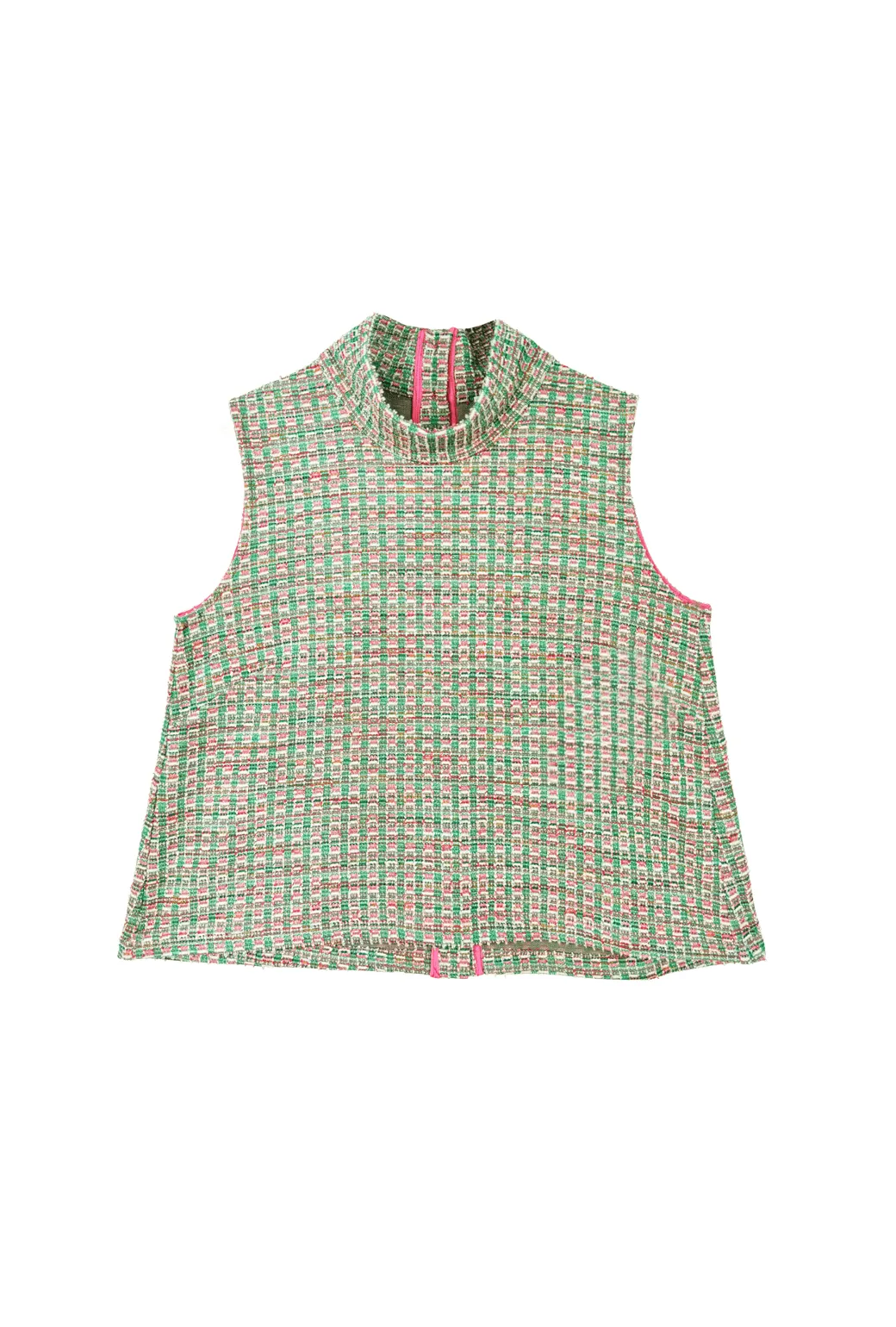 Cropped Sleeveless Mod Top - Green and Pink Plaid Knit