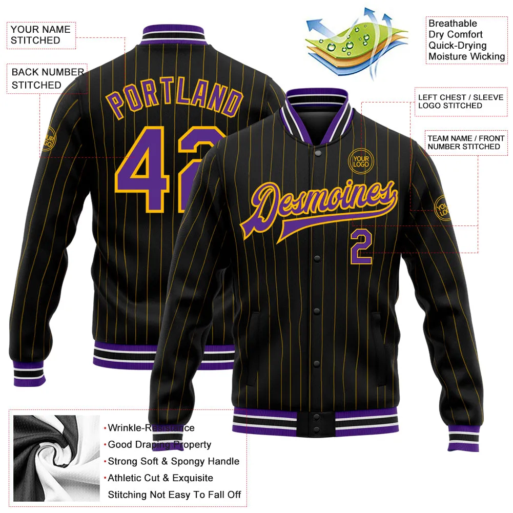 Custom Black Gold Pinstripe Purple-White Bomber Full-Snap Varsity Letterman Jacket