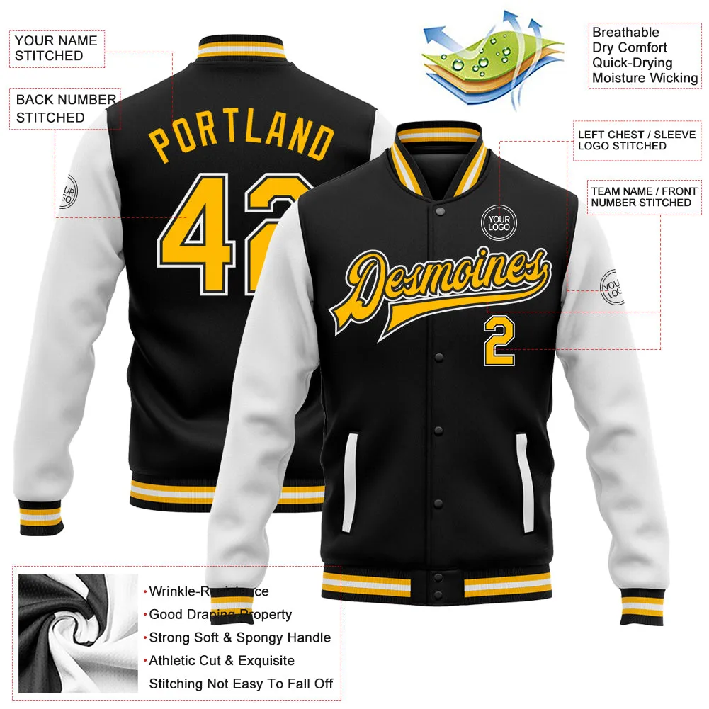 Custom Black Gold-White Bomber Full-Snap Varsity Letterman Two Tone Jacket