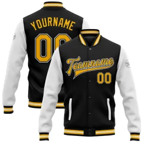 Custom Black Gold-White Bomber Full-Snap Varsity Letterman Two Tone Jacket