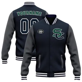 Custom Blue Gray Jacket Bomber Full-Snap Varsity Letterman Personalized Jacket FZ005-D020255-10