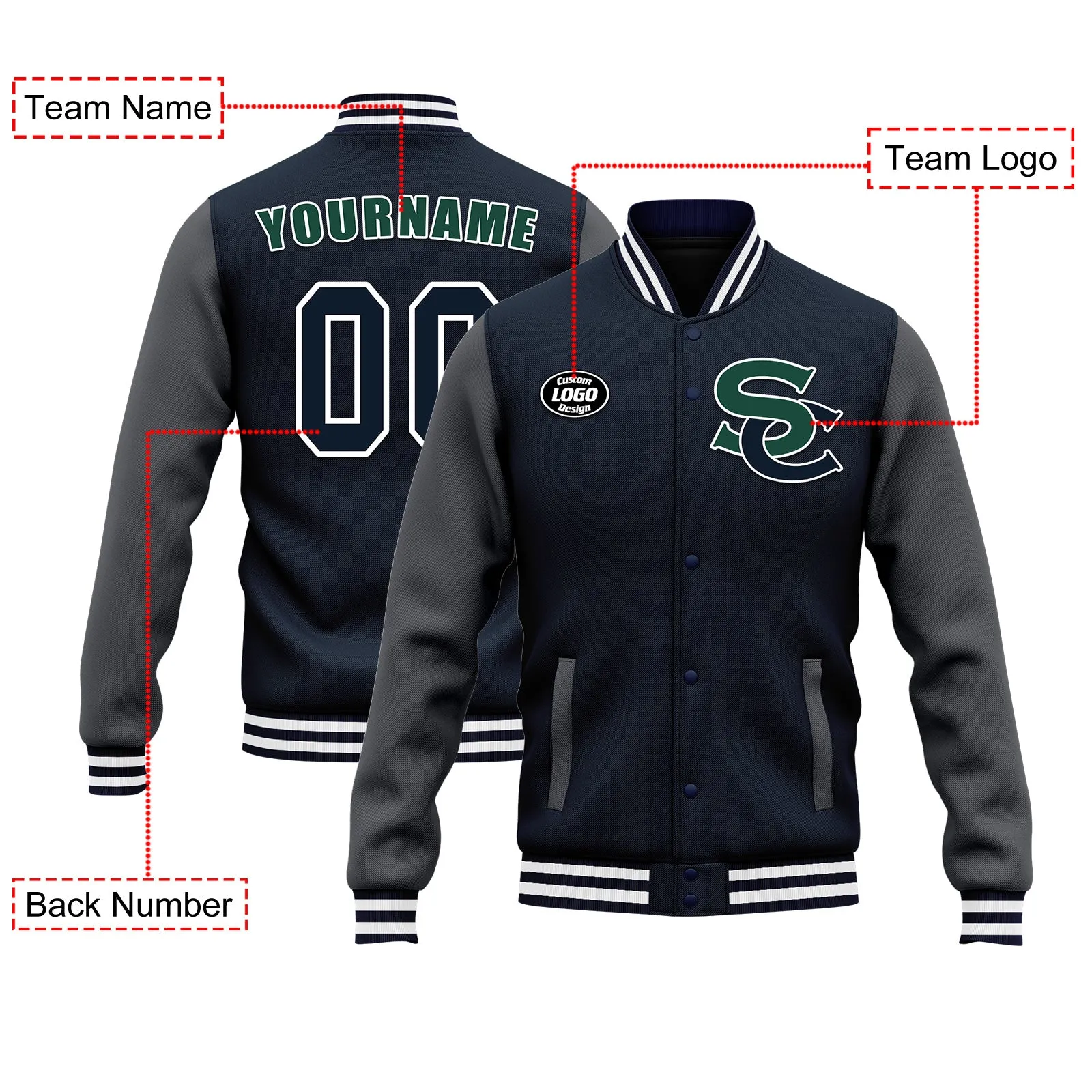 Custom Blue Gray Jacket Bomber Full-Snap Varsity Letterman Personalized Jacket FZ005-D020255-10