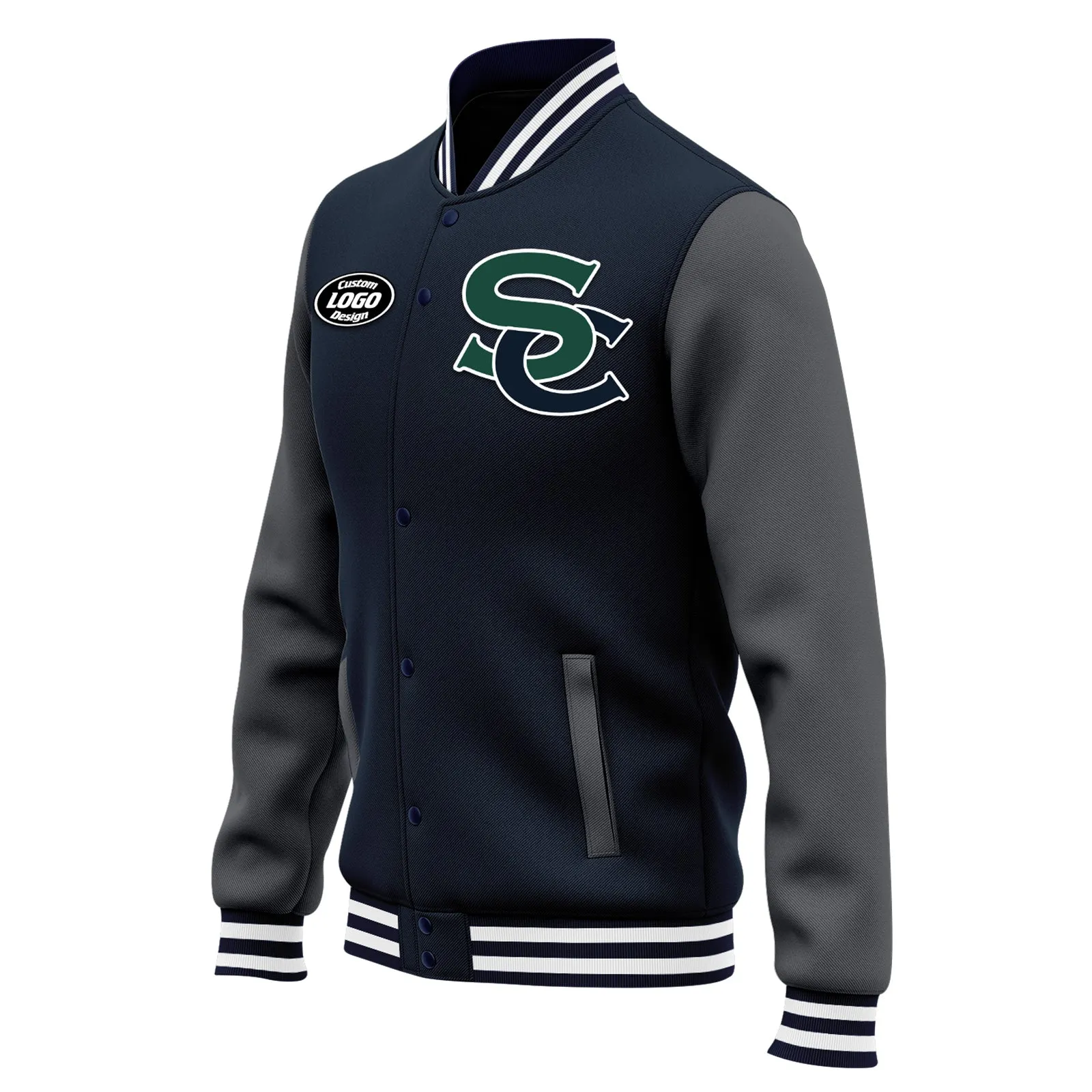 Custom Blue Gray Jacket Bomber Full-Snap Varsity Letterman Personalized Jacket FZ005-D020255-10