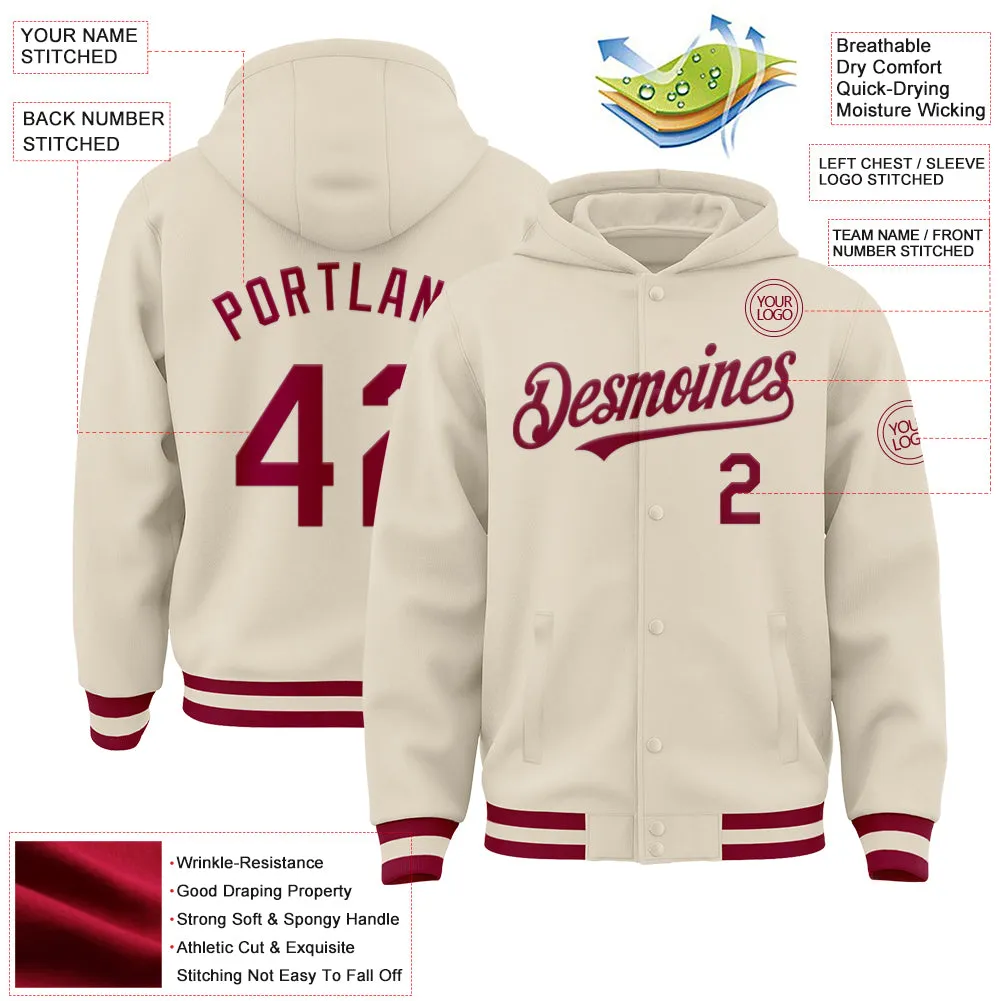 Custom Cream Maroon Bomber Full-Snap Varsity Letterman Hoodie Jacket