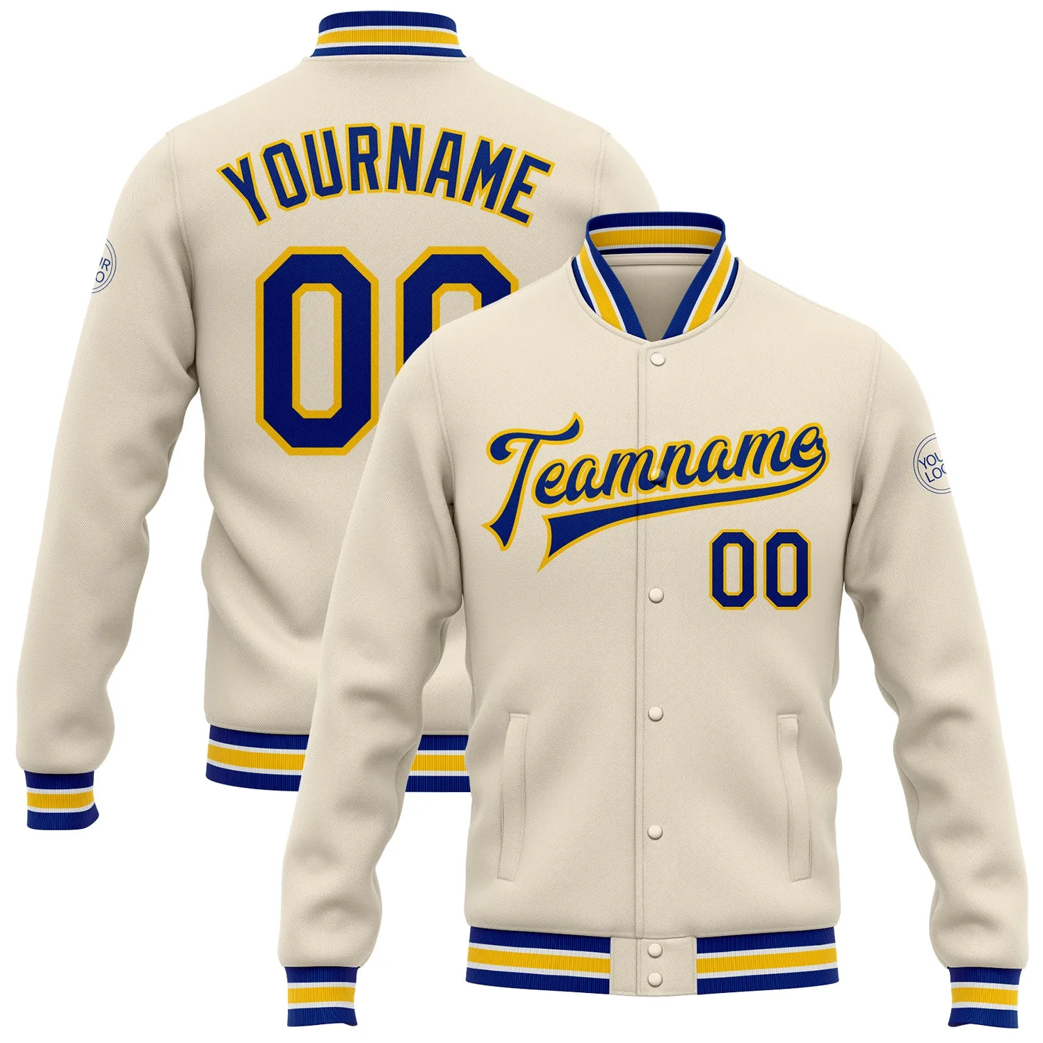 Custom Cream Royal-Yellow Bomber Full-Snap Varsity Letterman Jacket