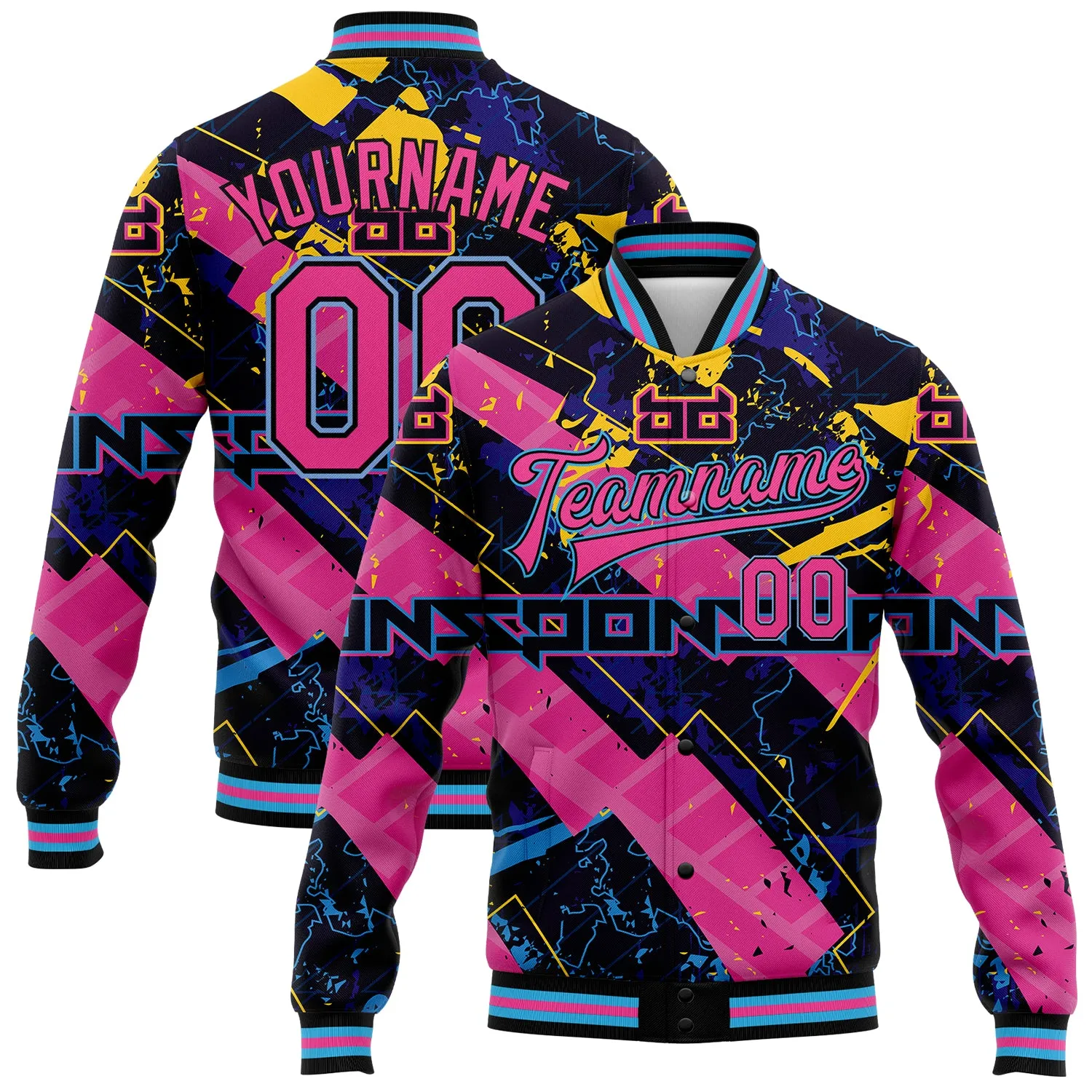 Custom Graffiti Pattern Pink Black-Sky Blue Abstract Futuristic 3D Bomber Full-Snap Varsity Letterman Jacket