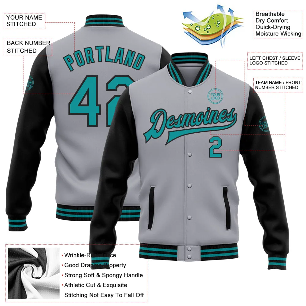 Custom Gray Teal-Black Bomber Full-Snap Varsity Letterman Two Tone Jacket