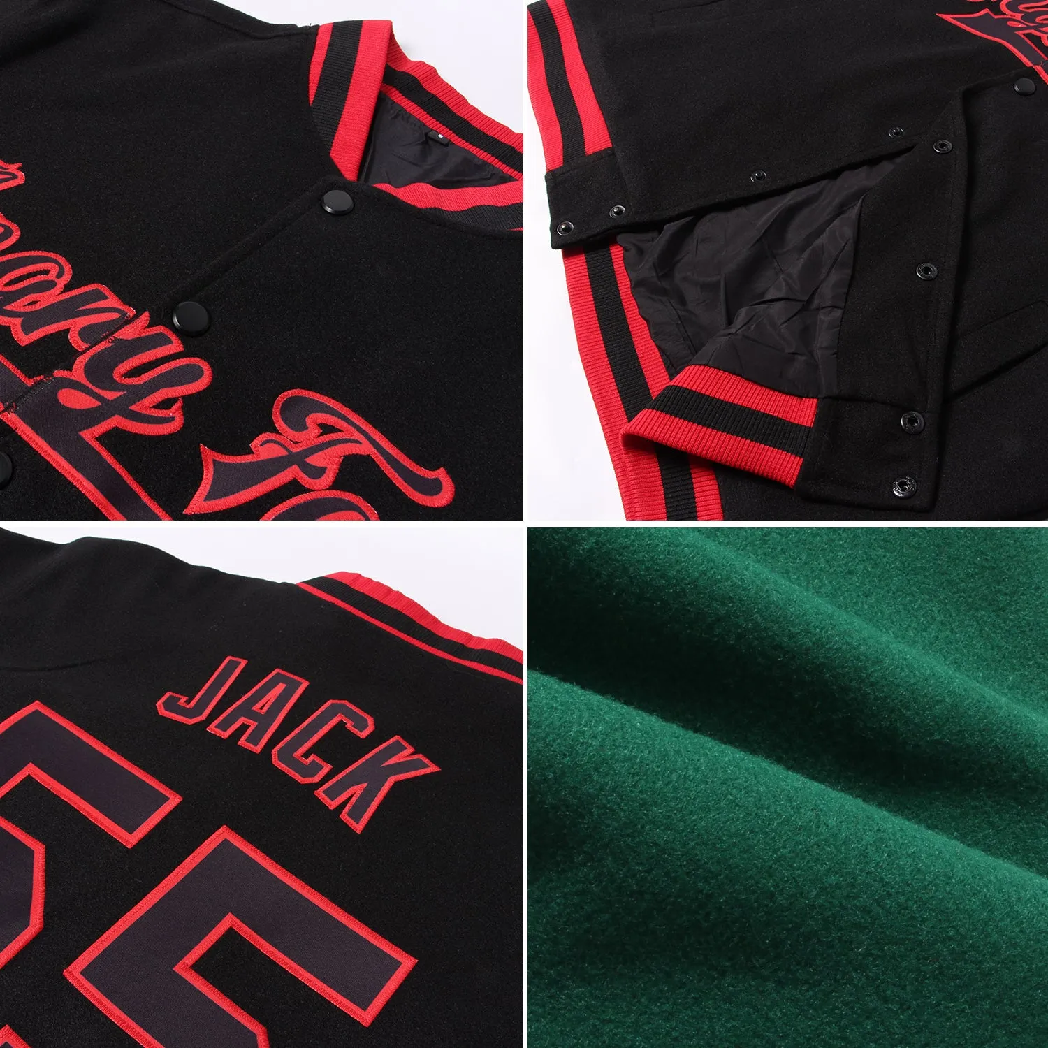 Custom Kelly Green Red-White Bomber Full-Snap Varsity Letterman Jacket