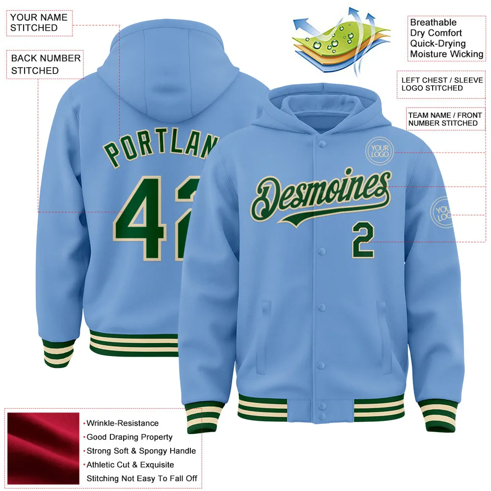 Custom Light Blue Green-Cream Bomber Full-Snap Varsity Letterman Hoodie Jacket