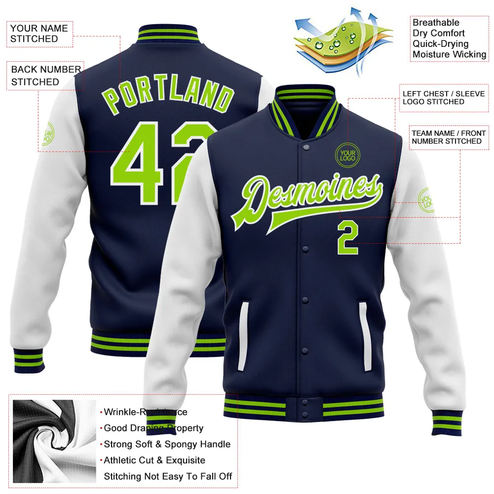 Custom Navy Neon Green-White Bomber Full-Snap Varsity Letterman Two Tone Jacket