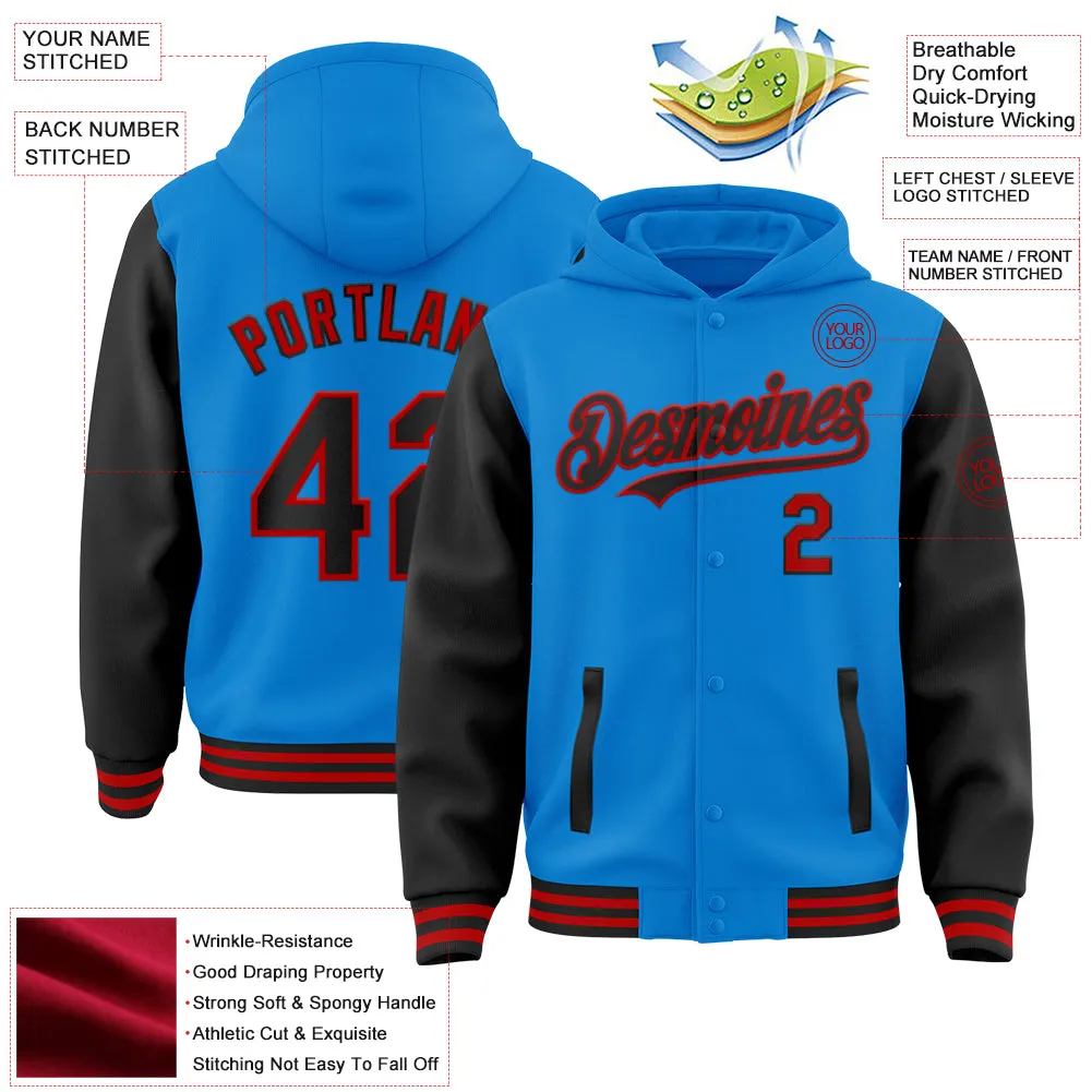 Custom Powder Blue Black-Red Bomber Full-Snap Varsity Letterman Two Tone Hoodie Jacket