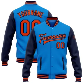 Custom Powder Blue Orange-Navy Bomber Full-Snap Varsity Letterman Two Tone Jacket