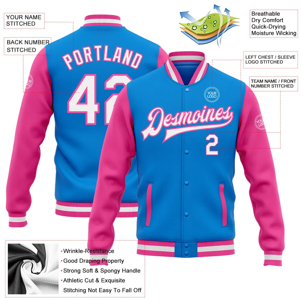 Custom Powder Blue White-Pink Bomber Full-Snap Varsity Letterman Two Tone Jacket