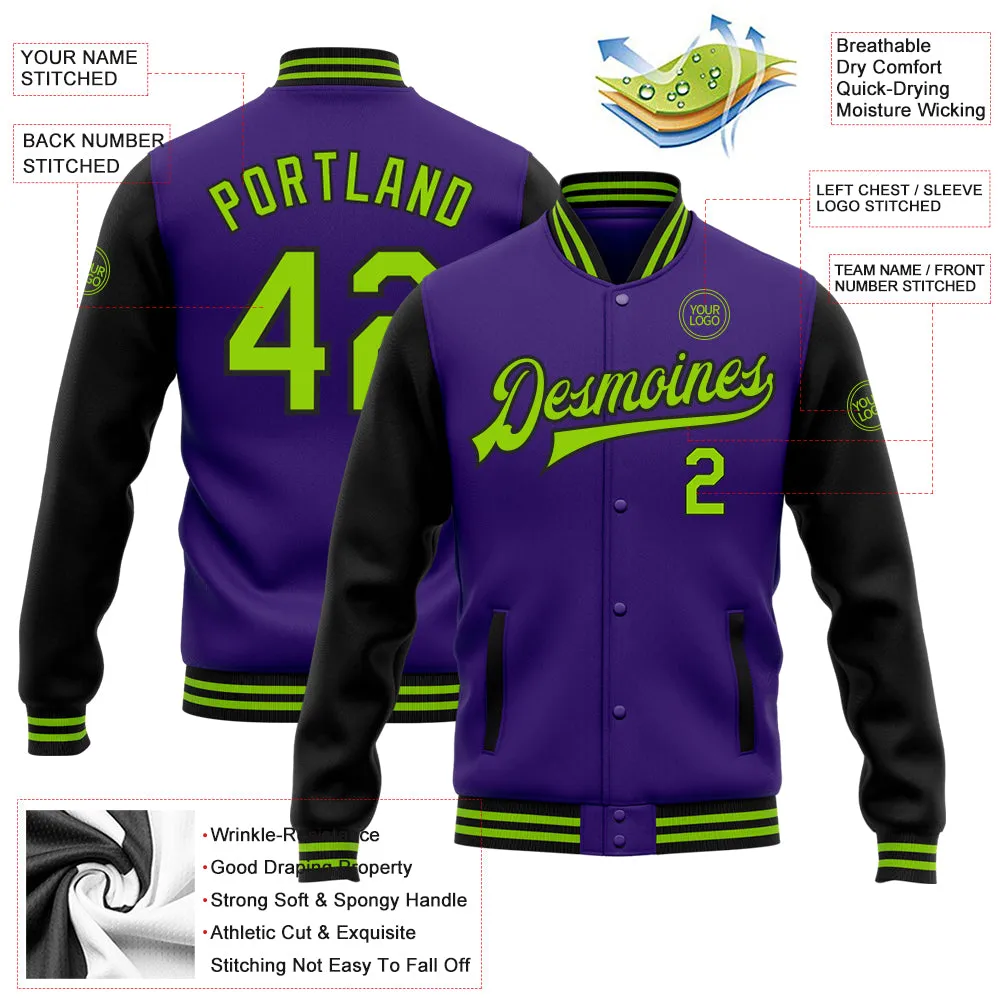 Custom Purple Neon Green-Black Bomber Full-Snap Varsity Letterman Two Tone Jacket