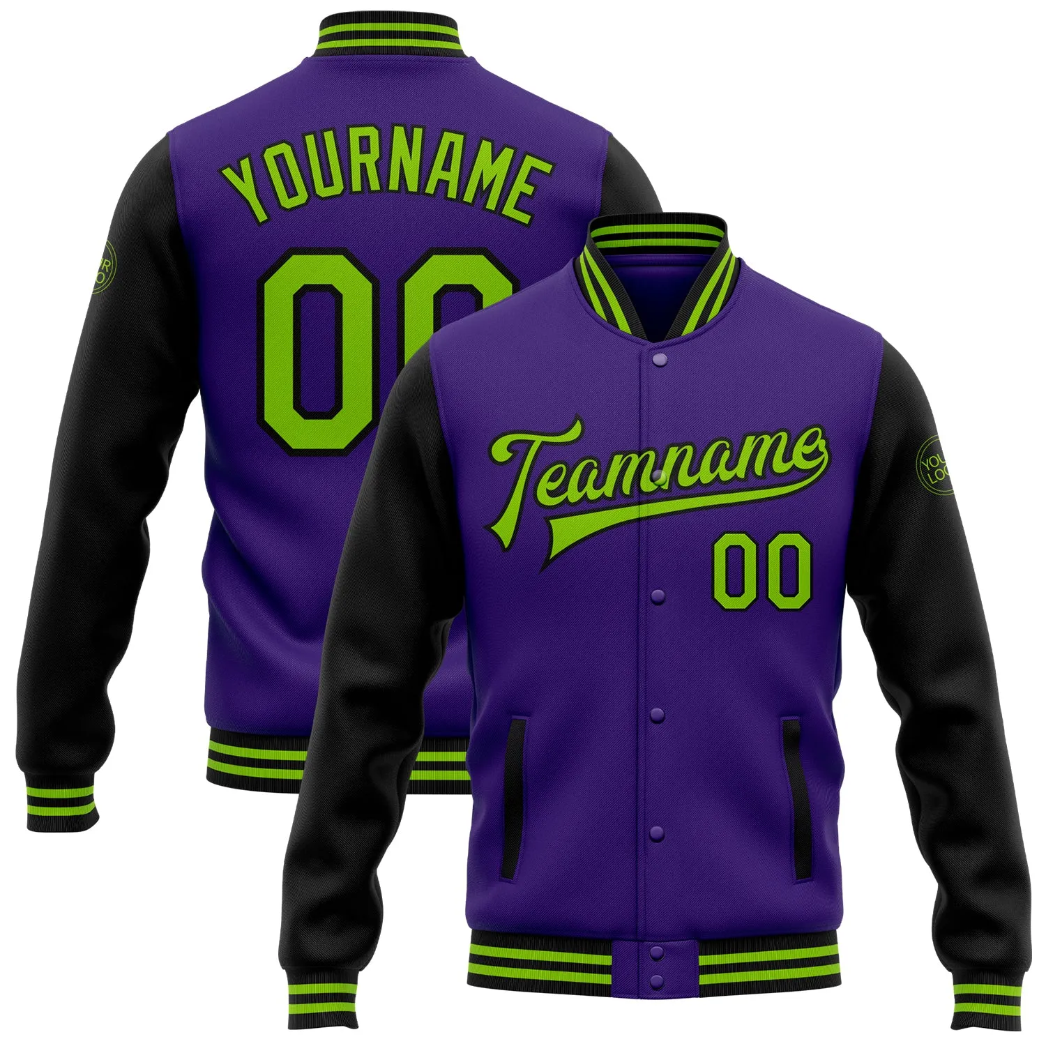 Custom Purple Neon Green-Black Bomber Full-Snap Varsity Letterman Two Tone Jacket