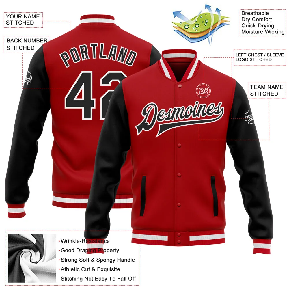 Custom Red Black-White Bomber Full-Snap Varsity Letterman Two Tone Jacket