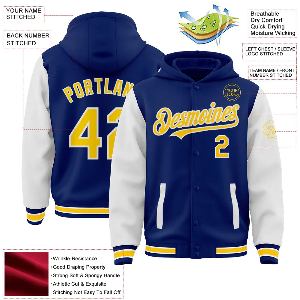 Custom Royal Yellow-White Bomber Full-Snap Varsity Letterman Two Tone Hoodie Jacket