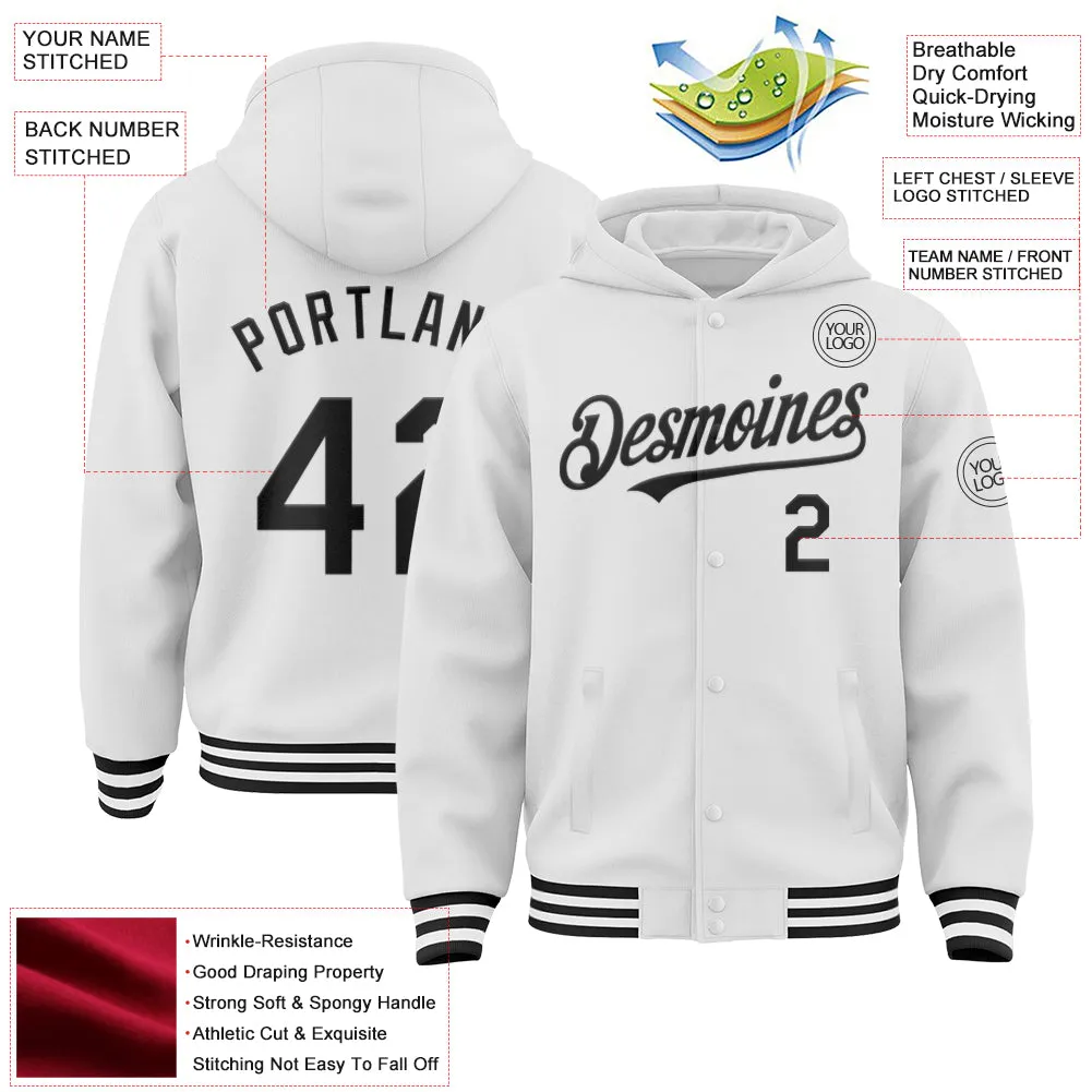 Custom White Black Bomber Full-Snap Varsity Letterman Hoodie Jacket