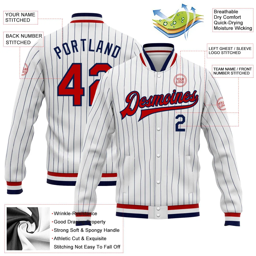 Custom White Navy Pinstripe Red-Navy Bomber Full-Snap Varsity Letterman Jacket