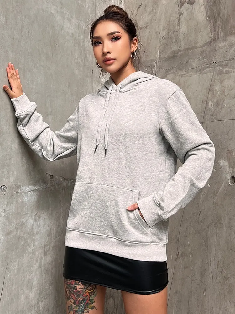 Drawstring Sweatshirt For Women Hooded Collar Long Sleeve Solid Minimalsit Patchwork Pockets Sweatshirts Female