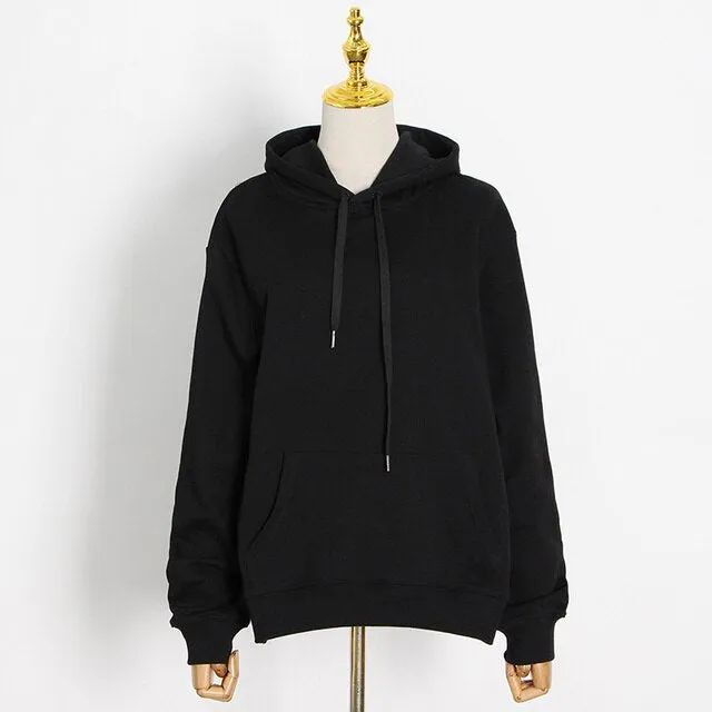 Drawstring Sweatshirt For Women Hooded Collar Long Sleeve Solid Minimalsit Patchwork Pockets Sweatshirts Female