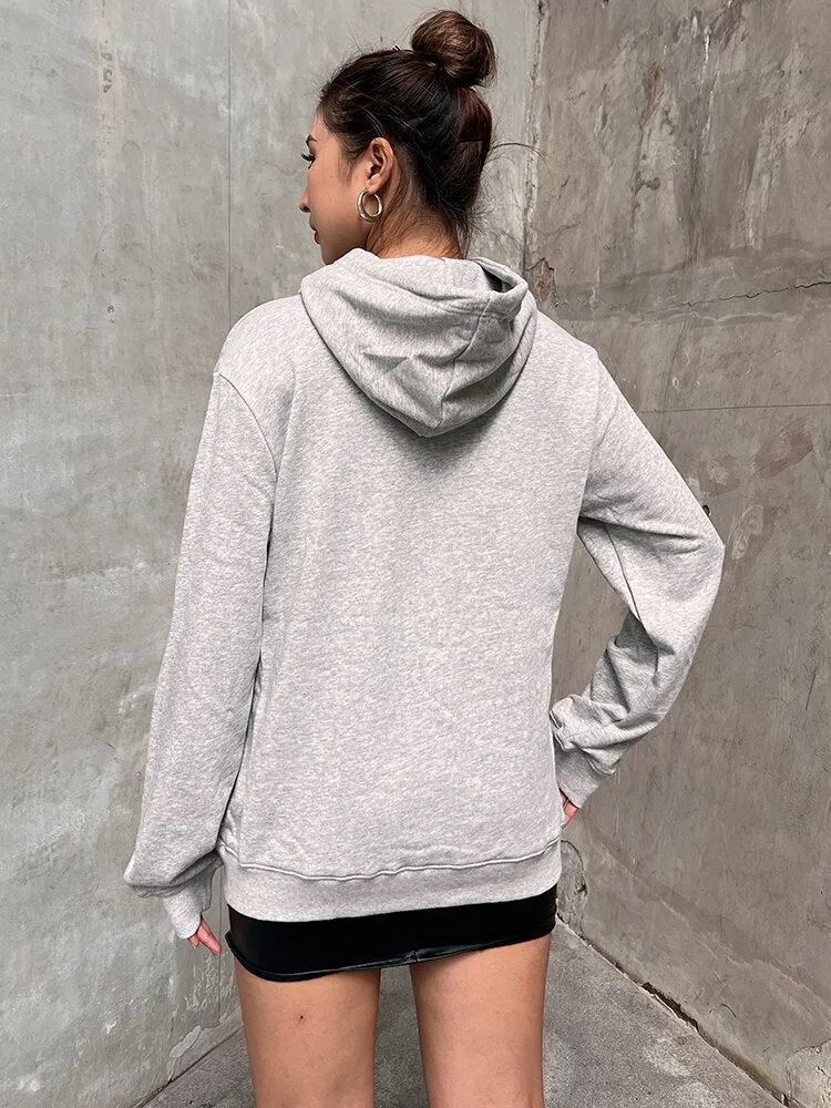 Drawstring Sweatshirt For Women Hooded Collar Long Sleeve Solid Minimalsit Patchwork Pockets Sweatshirts Female