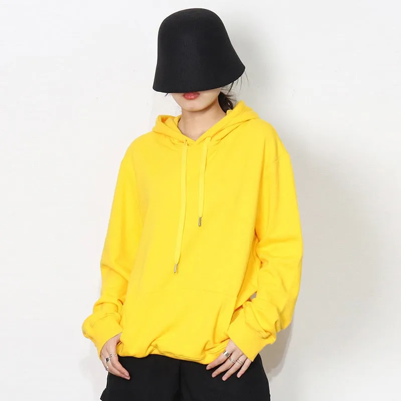 Drawstring Sweatshirt For Women Hooded Collar Long Sleeve Solid Minimalsit Patchwork Pockets Sweatshirts Female