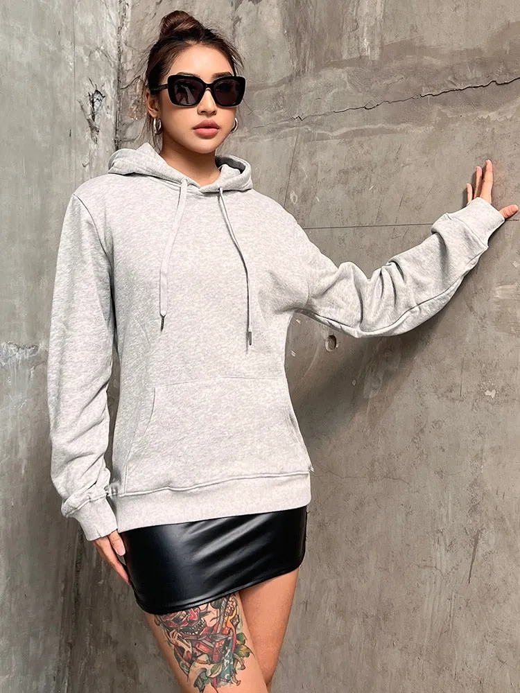 Drawstring Sweatshirt For Women Hooded Collar Long Sleeve Solid Minimalsit Patchwork Pockets Sweatshirts Female