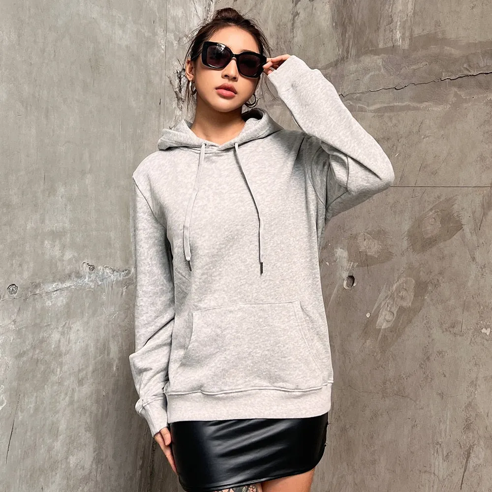 Drawstring Sweatshirt For Women Hooded Collar Long Sleeve Solid Minimalsit Patchwork Pockets Sweatshirts Female