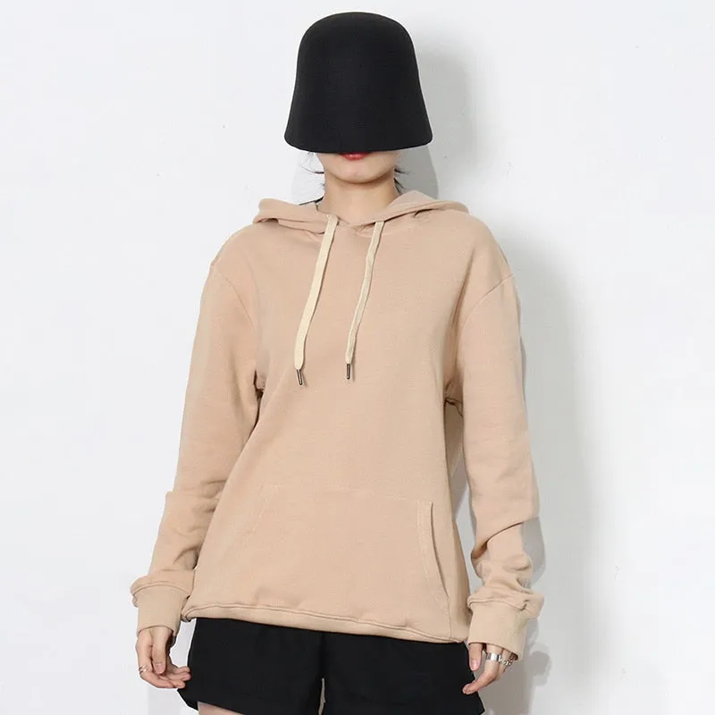 Drawstring Sweatshirt For Women Hooded Collar Long Sleeve Solid Minimalsit Patchwork Pockets Sweatshirts Female