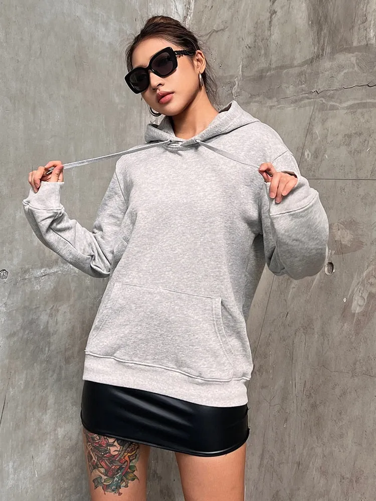 Drawstring Sweatshirt For Women Hooded Collar Long Sleeve Solid Minimalsit Patchwork Pockets Sweatshirts Female